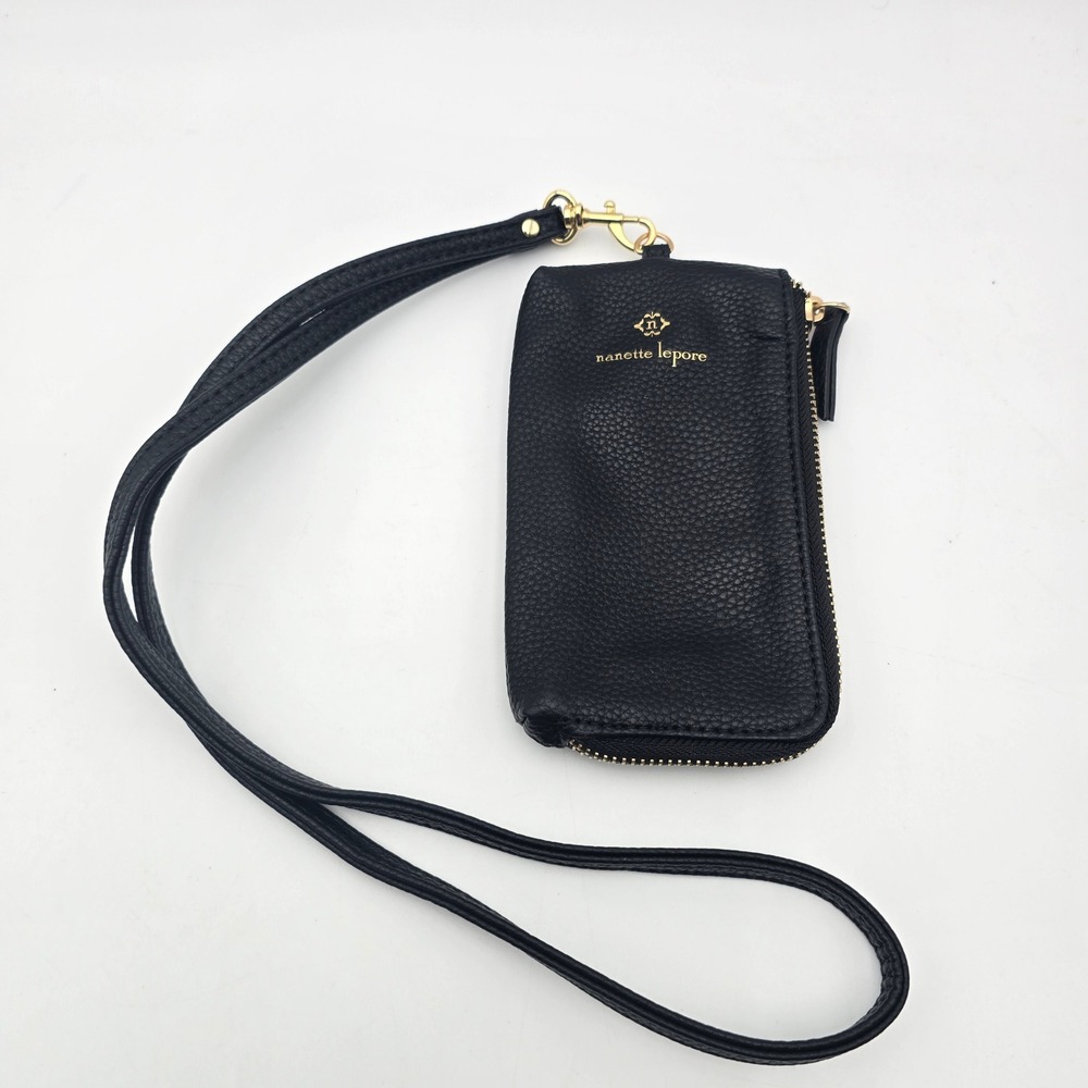 Nanette Lepore Black Textured Faux Leather Wristlet Clutch Card Holder‎